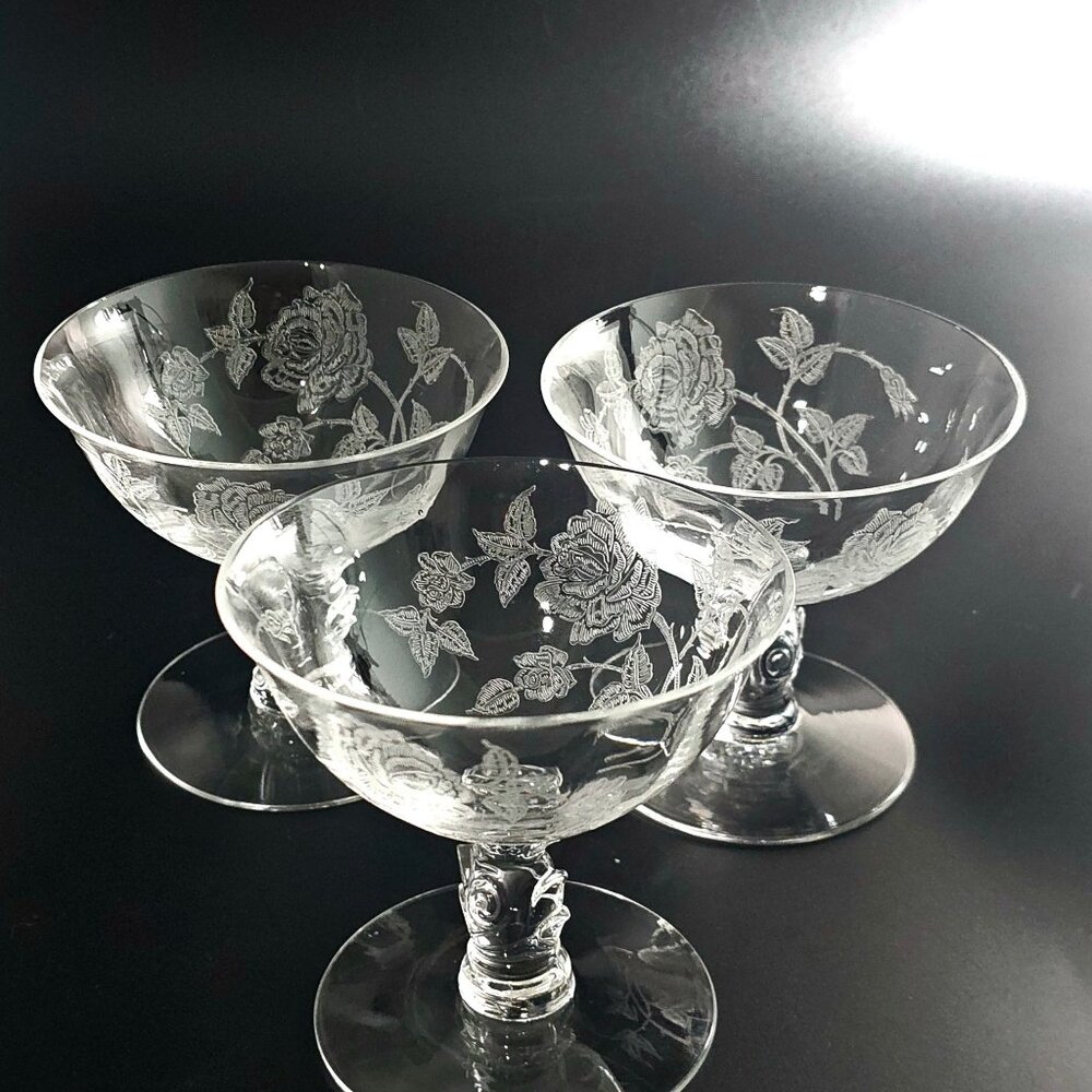 3 Heisey Rose Champagne Coupes 4.5" crystal vtg 1950s romantic vintage romance c - Picture 2 of 6